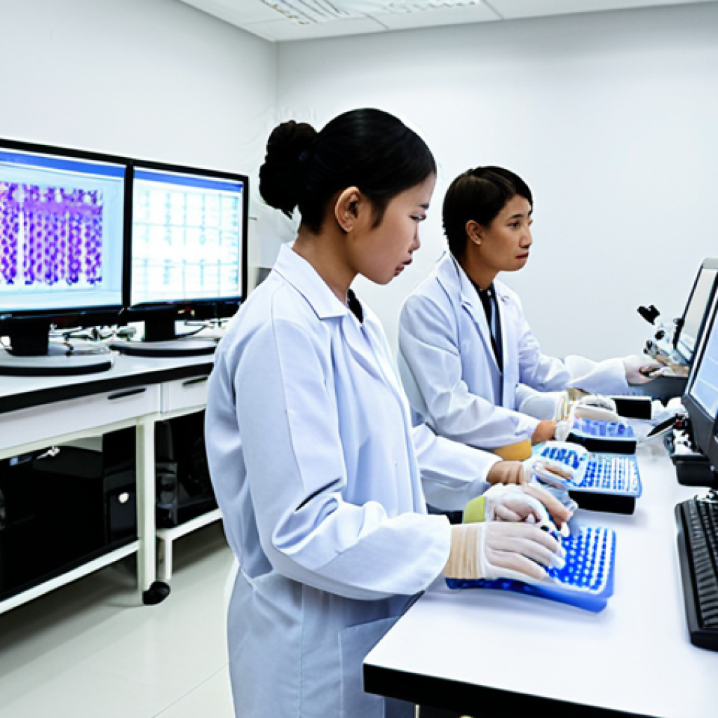 **Image:** A modern biotechnology lab in Thailand, filled with advanced equipment (PCR machines, bioreactors, DNA synthesizers). Thai students are actively working, focusing on screens displaying AI-driven biological data analysis. Focus on the collaborative atmosphere and cutting-edge research.