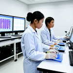 **Image:** A modern biotechnology lab in Thailand, filled with advanced equipment (PCR machines, bioreactors, DNA synthesizers). Thai students are actively working, focusing on screens displaying AI-driven biological data analysis. Focus on the collaborative atmosphere and cutting-edge research.