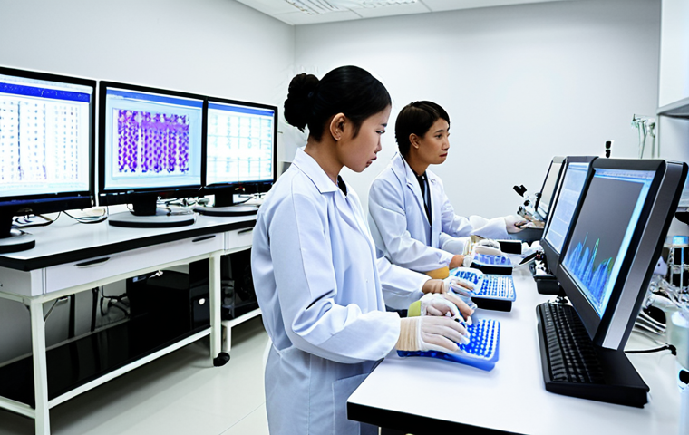 **Image:** A modern biotechnology lab in Thailand, filled with advanced equipment (PCR machines, bioreactors, DNA synthesizers). Thai students are actively working, focusing on screens displaying AI-driven biological data analysis. Focus on the collaborative atmosphere and cutting-edge research.