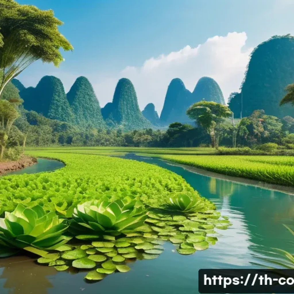 합성생물학의 환경적 지속 가능성 및 연구 - A vibrant, detailed scene of a futuristic Thai wetland restoration project using genetically enginee...