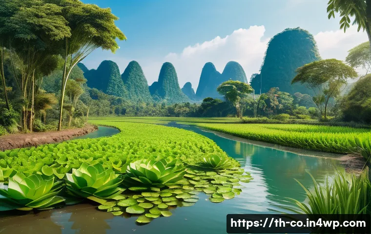 합성생물학의 환경적 지속 가능성 및 연구 - A vibrant, detailed scene of a futuristic Thai wetland restoration project using genetically enginee...